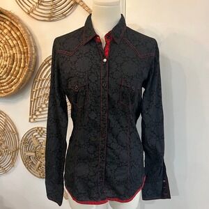 Panhandle Slim Black Floral Jacquard Western Shirt Red Stitch Cotton Rodeocore M